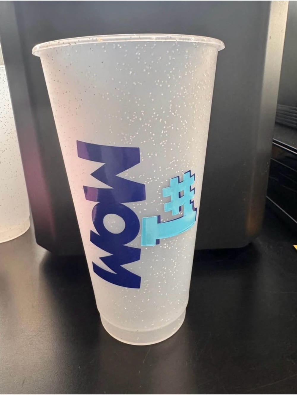 #1 Mom Sparkle Plastic Tumbler - White with Blue Graphics